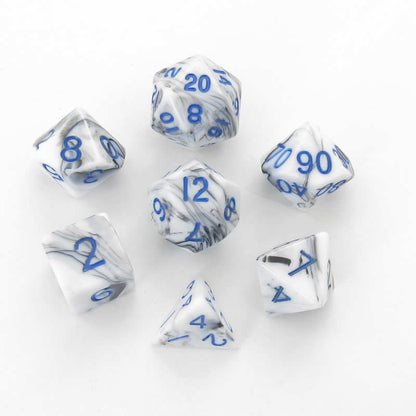 Black and White Marble Acrylic Dice Set with Blue Numbers - 7-Piece Polyhedral RPG Dice (16mm)