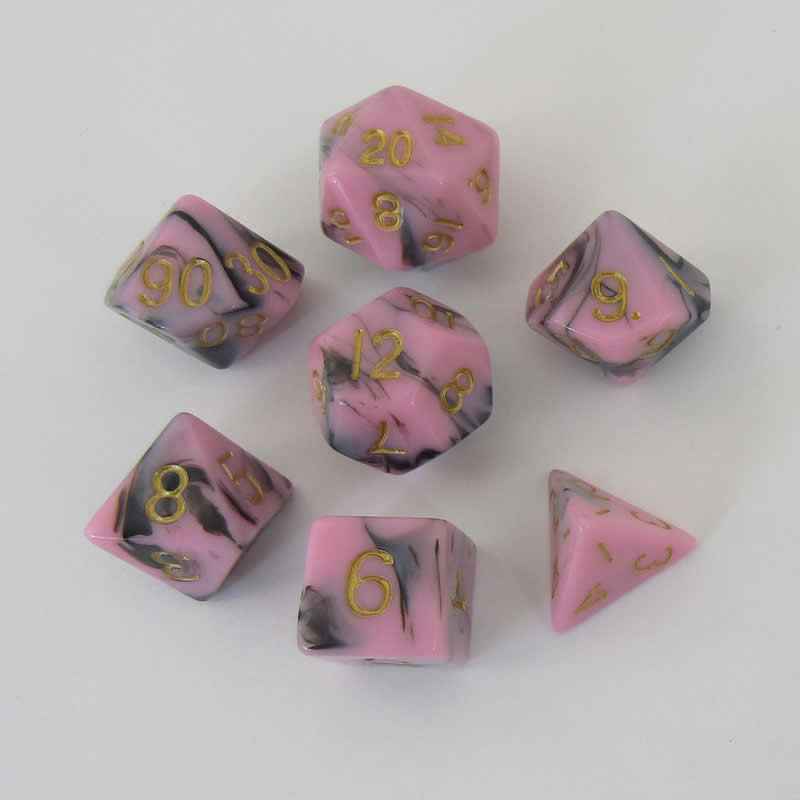 MET173 Pink and Black Resin Dice Gold Numbers 16mm (5/8in) 7-Dice Set