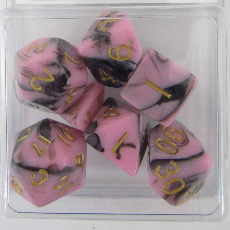 MET173 Pink and Black Resin Dice Gold Numbers 16mm (5/8in) 7-Dice Set