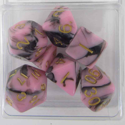 MET173 Pink and Black Resin Dice Gold Numbers 16mm (5/8in) 7-Dice Set