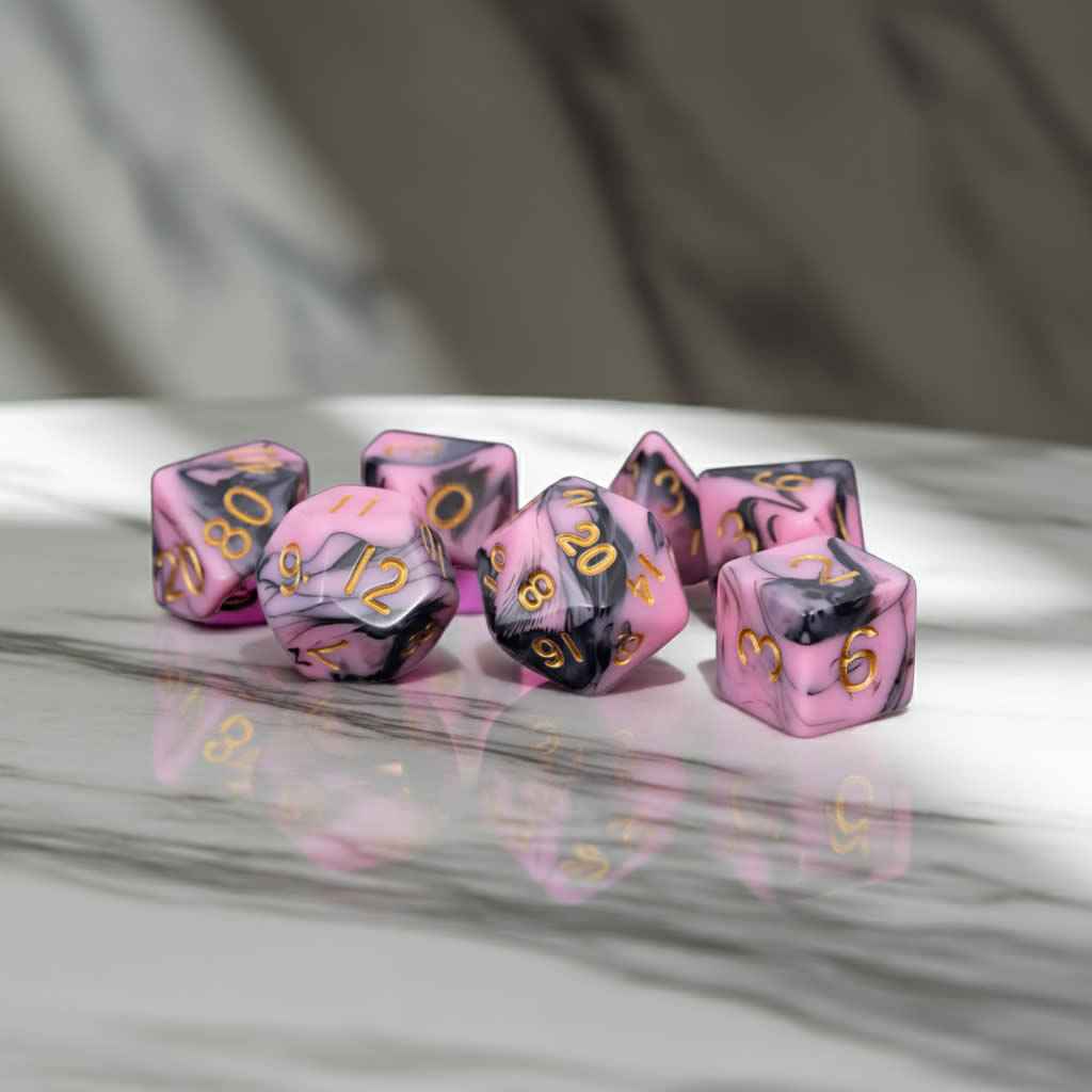 MET173 Pink and Black Resin Dice Gold Numbers 16mm (5/8in) 7-Dice Set
