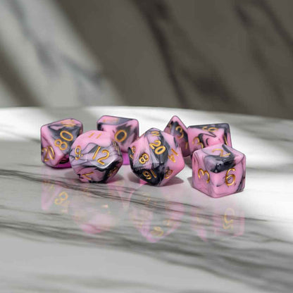 MET173 Pink and Black Resin Dice Gold Numbers 16mm (5/8in) 7-Dice Set