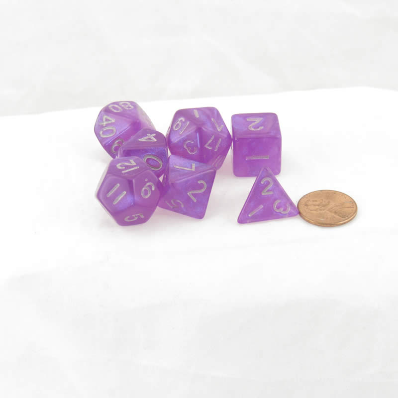 Purple Stardust Resin Dice Set with Silver Numbers - 16mm 7-Piece RPG Dice