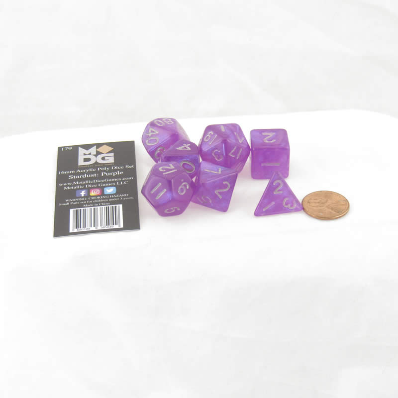 Purple Stardust Resin Dice Set with Silver Numbers - 16mm 7-Piece RPG Dice