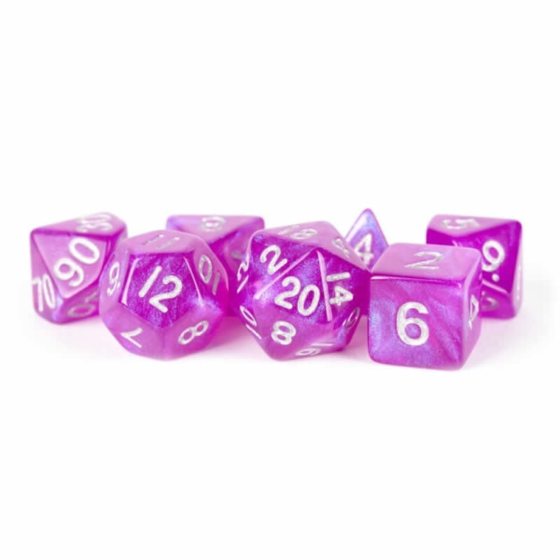 Purple Stardust Resin Dice Set with Silver Numbers - 16mm 7-Piece RPG Dice
