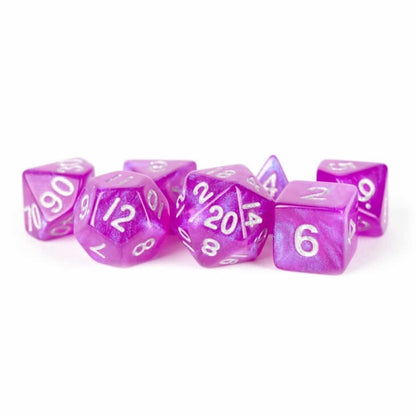Purple Stardust Resin Dice Set with Silver Numbers - 16mm 7-Piece RPG Dice