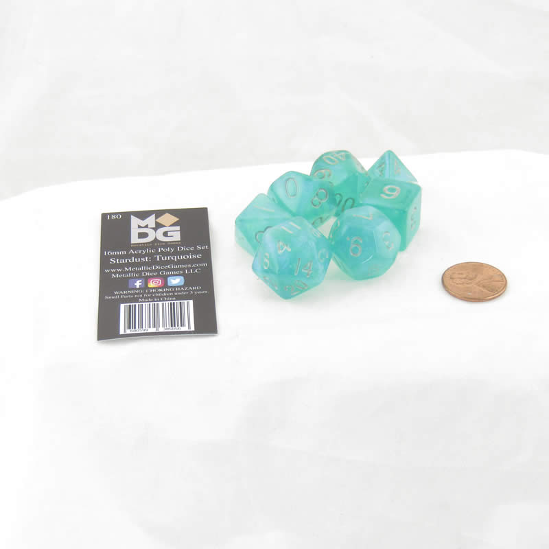 Turquoise Stardust Resin Dice Set - 16mm D&D Dice with Silver Numbers