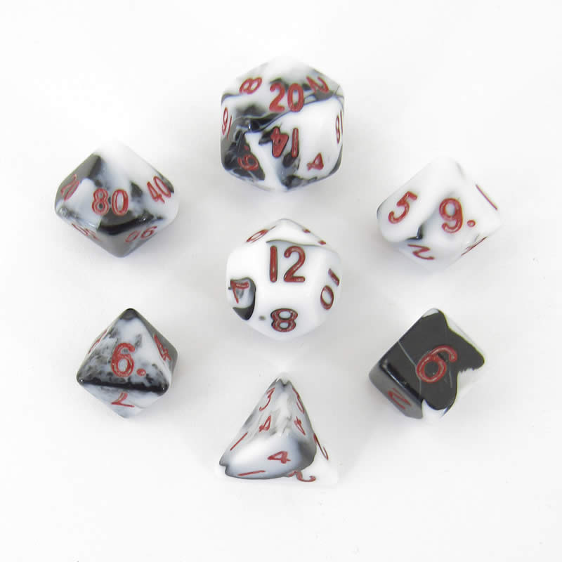 Black and White Marble Mini Dice Set with Red Numbers - 10mm 7-Piece Polyhedral RPG Dice
