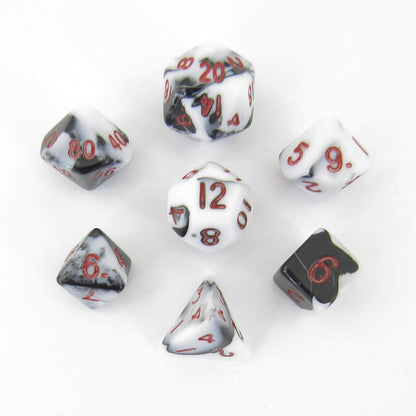 Black and White Marble Mini Dice Set with Red Numbers - 10mm 7-Piece Polyhedral RPG Dice