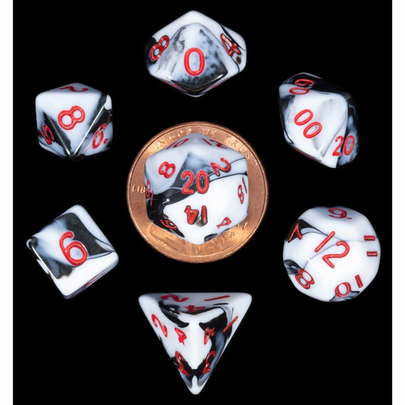 Black and White Marble Mini Dice Set with Red Numbers - 10mm 7-Piece Polyhedral RPG Dice