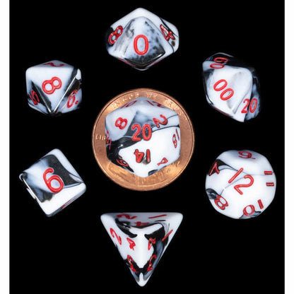 Black and White Marble Mini Dice Set with Red Numbers - 10mm 7-Piece Polyhedral RPG Dice
