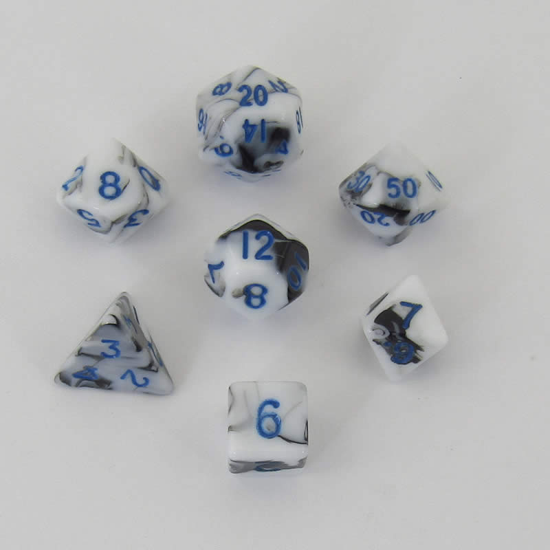 MET41032 Black and White Marble Colored Poly Dice Blue Numbers 10mm 7-Dice Set