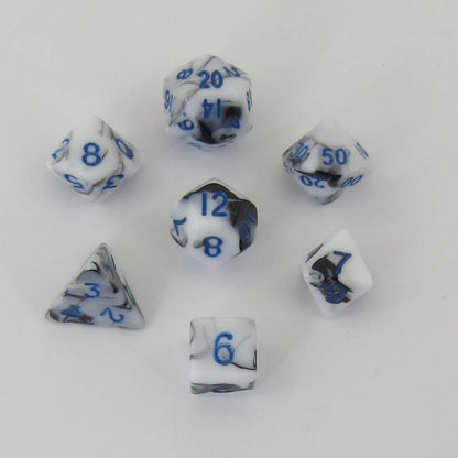 MET41032 Black and White Marble Colored Poly Dice Blue Numbers 10mm 7-Dice Set