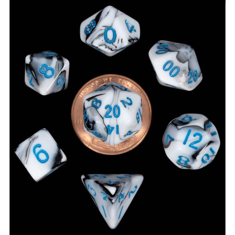 MET41032 Black and White Marble Colored Poly Dice Blue Numbers 10mm 7-Dice Set