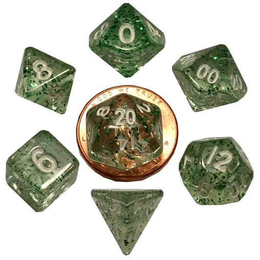 MET4205 Green Ethereal Resin Dice White Numbers 10mm (3/8in) 7-Dice Set