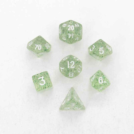 MET4205 Green Ethereal Resin Dice White Numbers 10mm (3/8in) 7-Dice Set