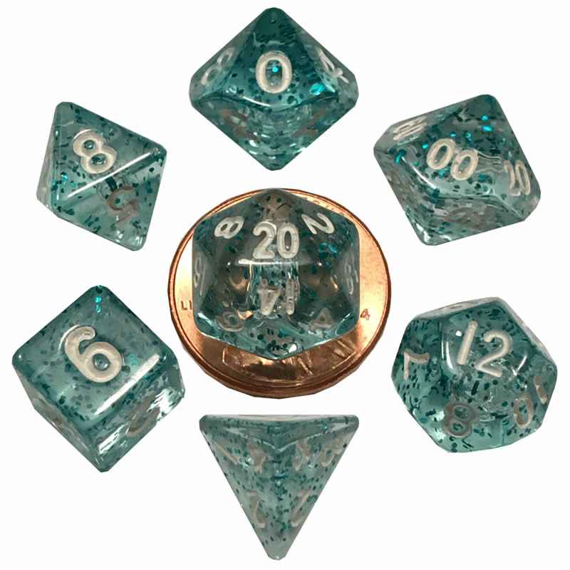 MET4212 Light Blue Ethereal Resin Dice White Numbers 10mm 7-Dice Set