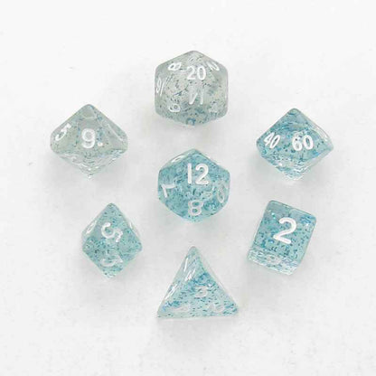 MET4212 Light Blue Ethereal Resin Dice White Numbers 10mm 7-Dice Set