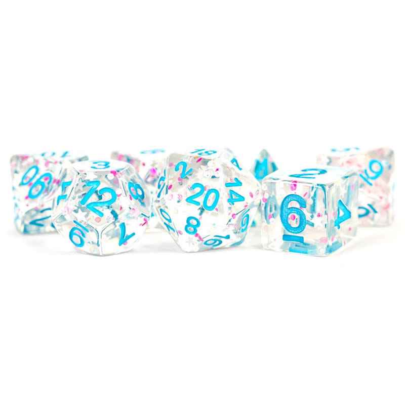 MET617 Clear with Confetti Dice with Blue Numbers 16mm (5/8in) Resin 7 Dice Set
