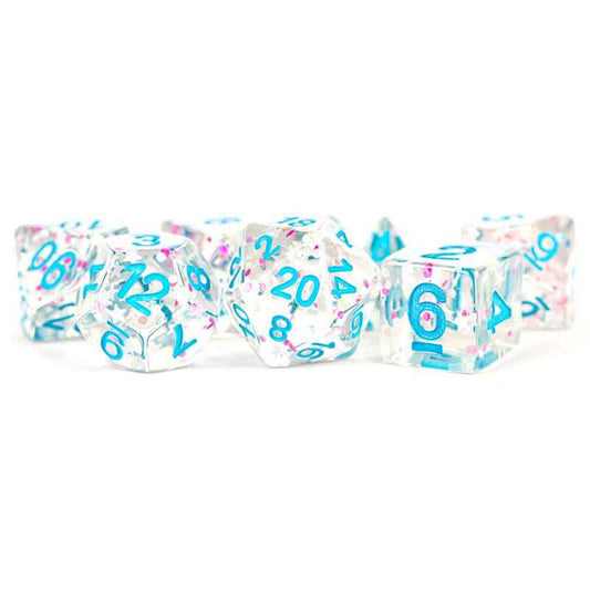 MET617 Clear with Confetti Dice with Blue Numbers 16mm (5/8in) Resin 7 Dice Set