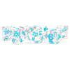 MET617 Clear with Confetti Dice with Blue Numbers 16mm (5/8in) Resin 7 Dice Set