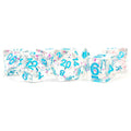 MET617 Clear with Confetti Dice with Blue Numbers 16mm (5/8in) Resin 7 Dice Set