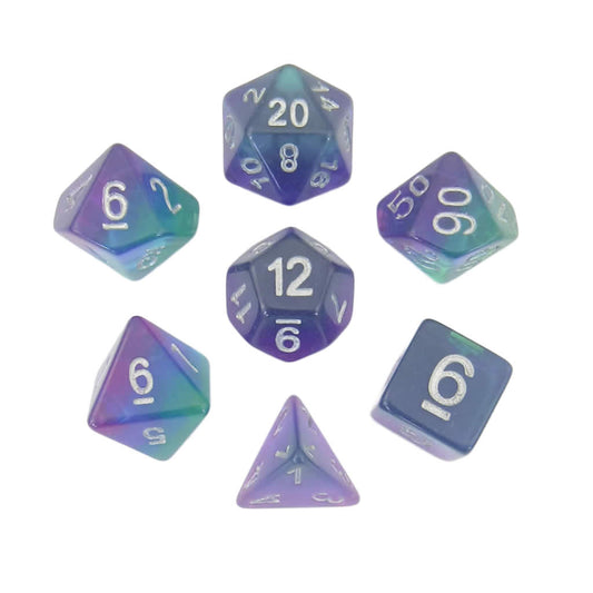 MET627 Blue Aurora with White Numbers Acrylic 16mm (5/8in) RPG 7 Dice Set