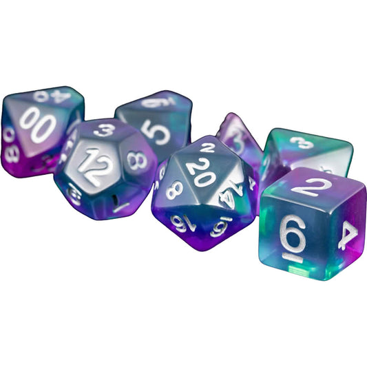 MET627 Blue Aurora with White Numbers Acrylic 16mm (5/8in) RPG 7 Dice Set