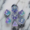 MET627 Blue Aurora with White Numbers Acrylic 16mm (5/8in) RPG 7 Dice Set