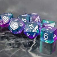MET627 Blue Aurora with White Numbers Acrylic 16mm (5/8in) RPG 7 Dice Set