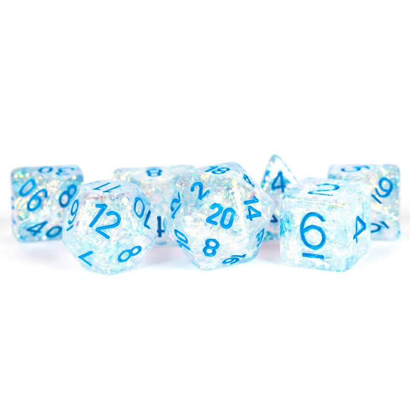 Clear Flash Resin Dice Set with Blue Numbers - 16mm 7-Piece RPG Dice