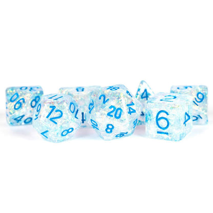 Clear Flash Resin Dice Set with Blue Numbers - 16mm 7-Piece RPG Dice