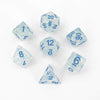 Clear Flash Resin Dice Set with Blue Numbers - 16mm 7-Piece RPG Dice