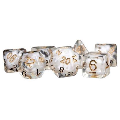 MET688 Clear Pearl Resin Dice with Copper Colored Numbers 16mm (5/8in) 7 Dice Set