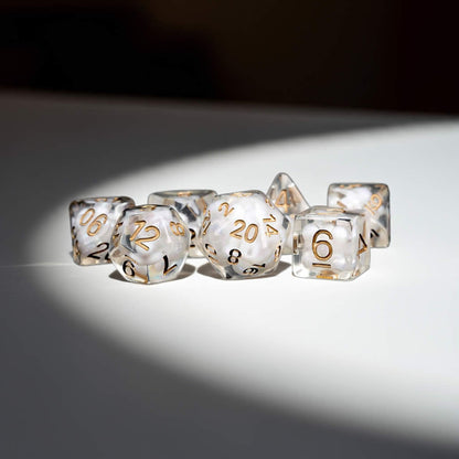 MET688 Clear Pearl Resin Dice with Copper Colored Numbers 16mm (5/8in) 7 Dice Set