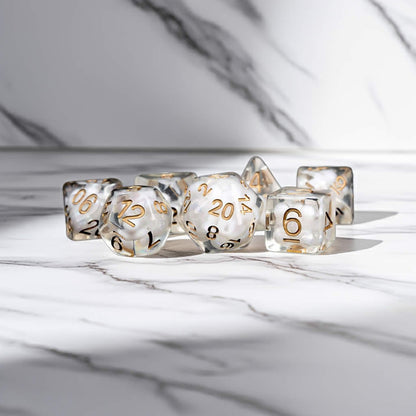 MET688 Clear Pearl Resin Dice with Copper Colored Numbers 16mm (5/8in) 7 Dice Set
