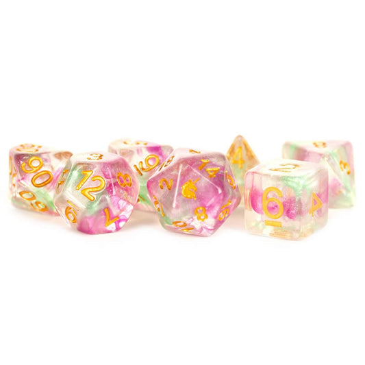 MET719 Celestial Blossom Unicorn Dice with Red Numbers Acrylic 7 Dice Set