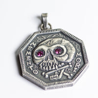 Ruby Inset Eyes Memento Mori Silver Necklace -  Sterling Silver Bale