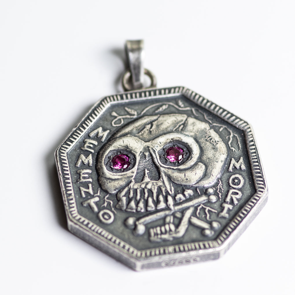 Ruby Inset Eyes Memento Mori Silver Necklace -  Sterling Silver Bale