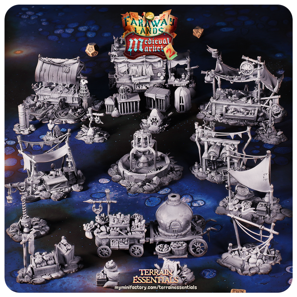 3D Printed Cast n Play Medieval Market 2 Terrain Set 28mm 32mm D&D