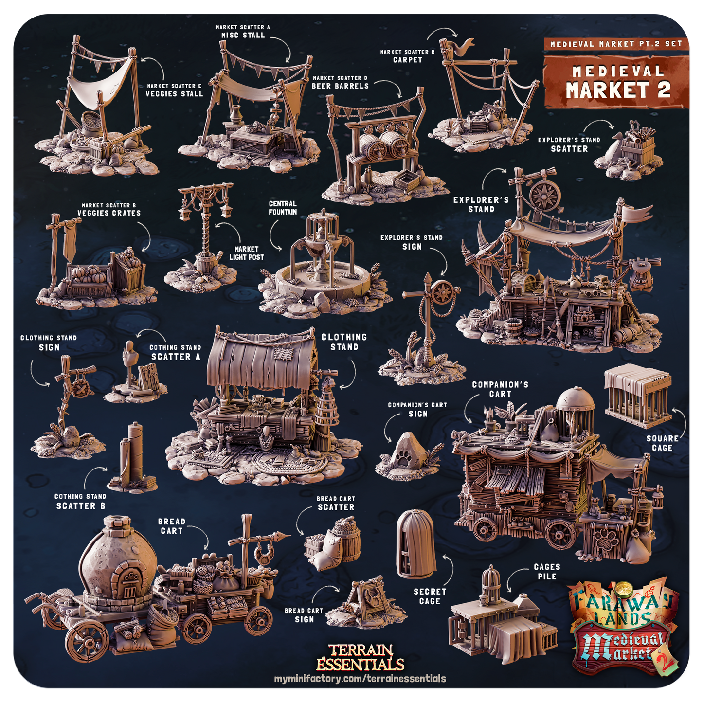 3D Printed Cast n Play Medieval Market 2 Terrain Set 28mm 32mm D&D