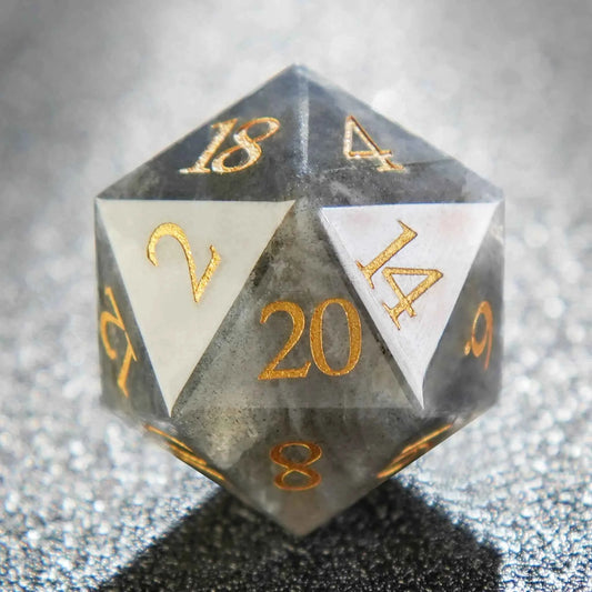 Natural Grey Marble DND Dice Set — 7-Piece Gemstone TTRPG Dice with Gold Numbers