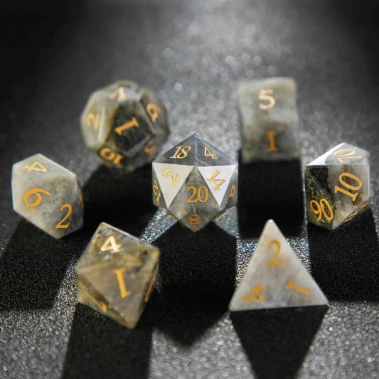 Natural Grey Marble DND Dice Set — 7-Piece Gemstone TTRPG Dice with Gold Numbers