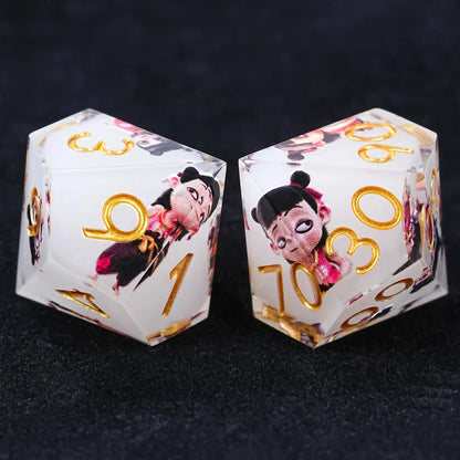 Nezha Themed White Resin Dice Set with Gold Numbers