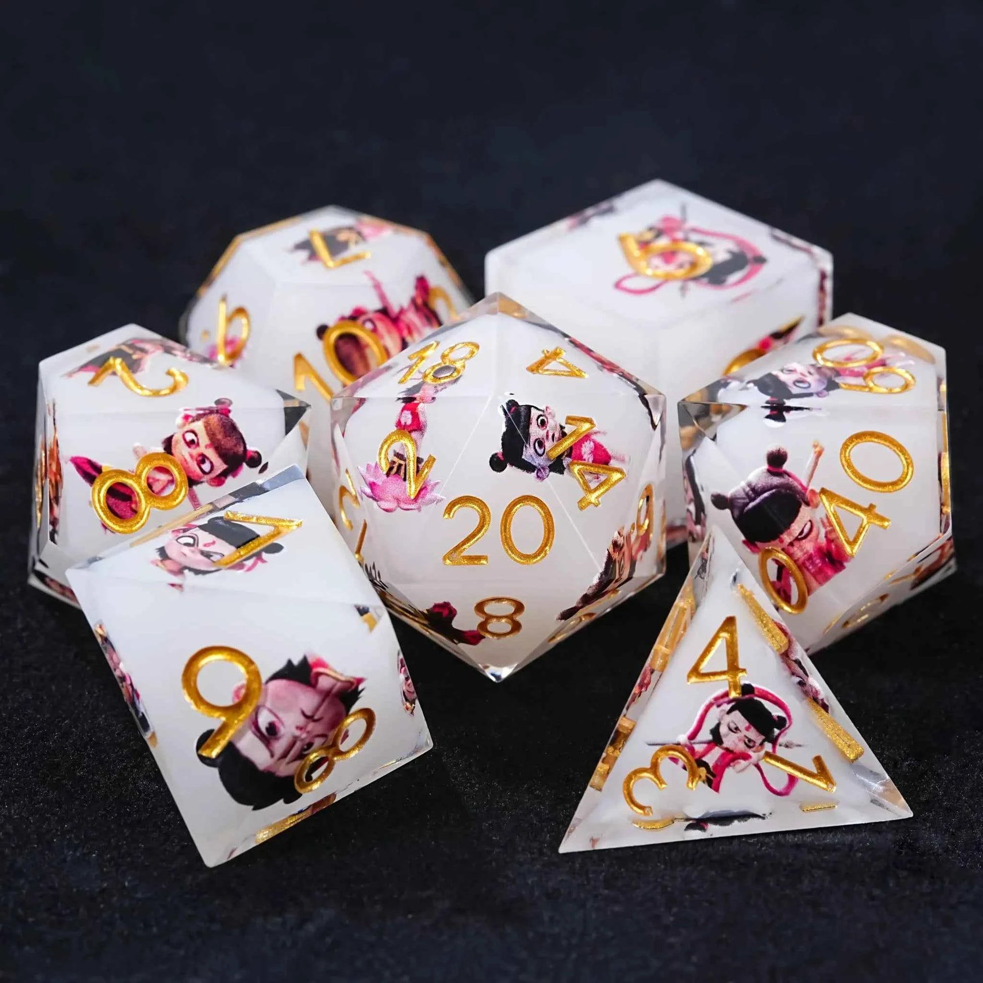 Nezha Themed White Resin Dice Set with Gold Numbers