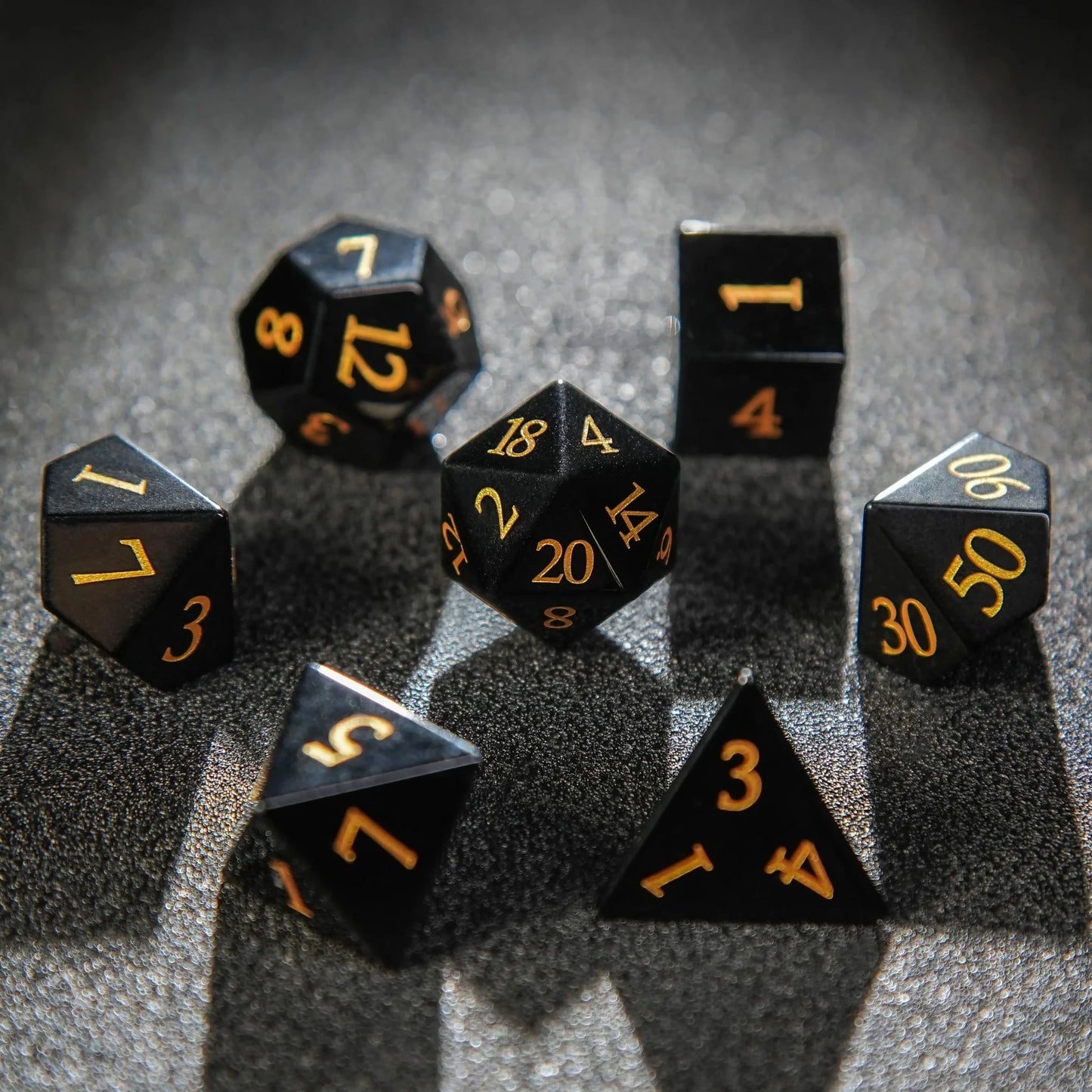 Obsidian D&D Gemstone Dice Set + Gold Numbers