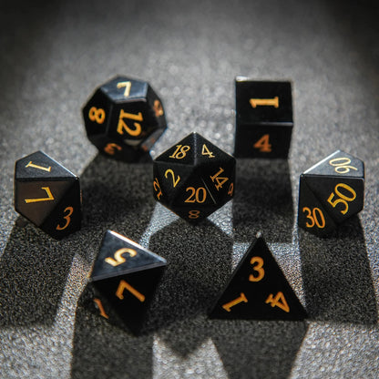 Obsidian D&D Gemstone Dice Set + Gold Numbers
