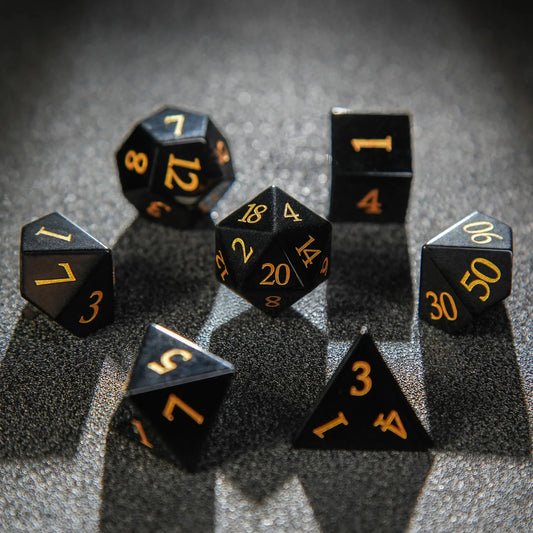 Obsidian D&D Gemstone Dice Set + Gold Numbers