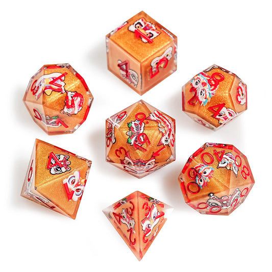 Oriental Lion Orange Resin DND Dice Set