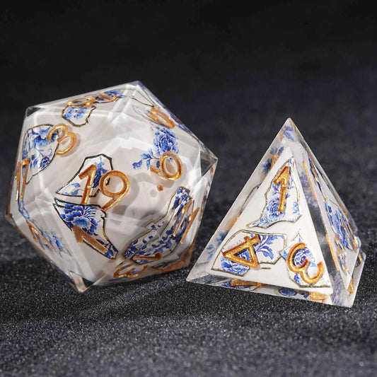 Oriental Blue and White Porcelain Resin DND Dice Set — 7-Piece TTRPG Dice